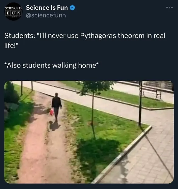 Person walking diagonally on grass path next to sidewalk, humorously using Pythagoras' theorem in real-life context.