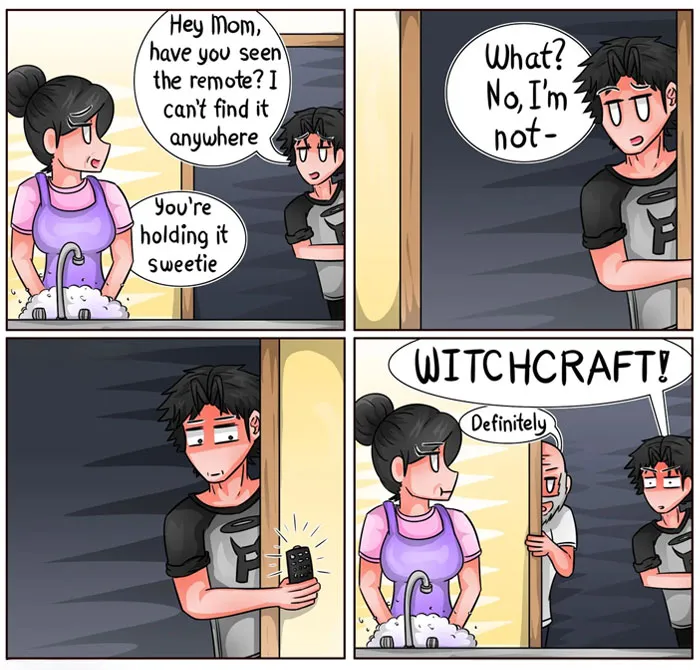 Cartoon mom points out the remote in son's hand, with son looking surprised, exemplifying funny mom memes.