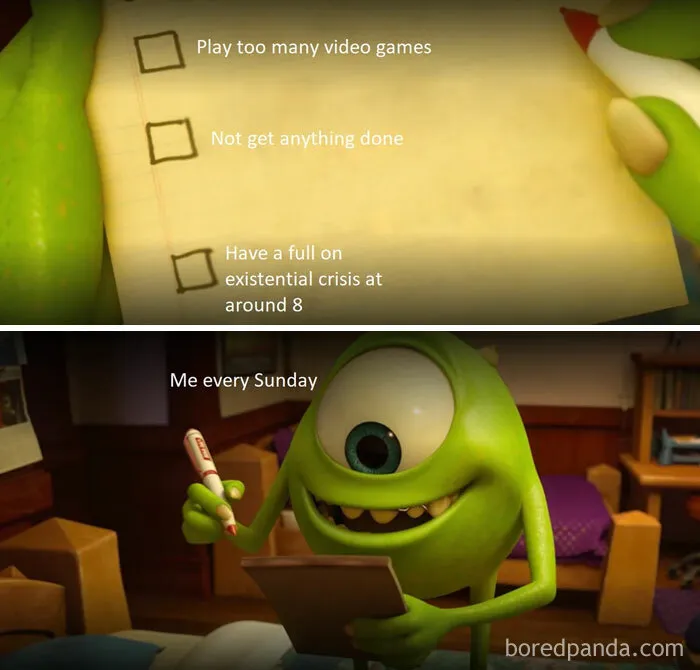 Cartoon character making a to-do list with funny Sunday memes about procrastination and existential crisis.