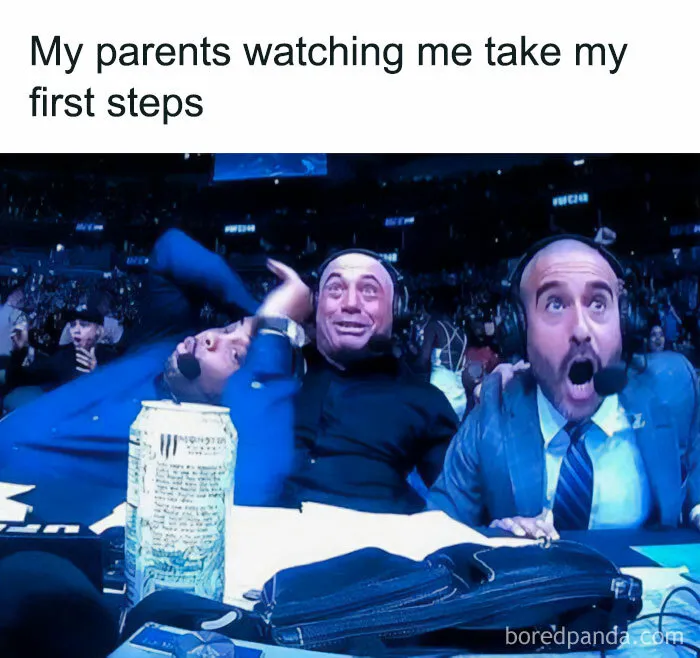 "You can do it" meme with excited commentators, captioned as parents watching child's first steps.