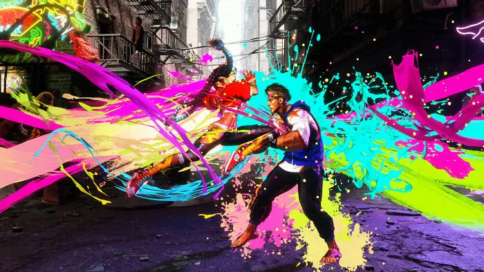 Two colorful characters fighting in an urban setting with vibrant paint splashes, illustrating popular all-time favorite games.