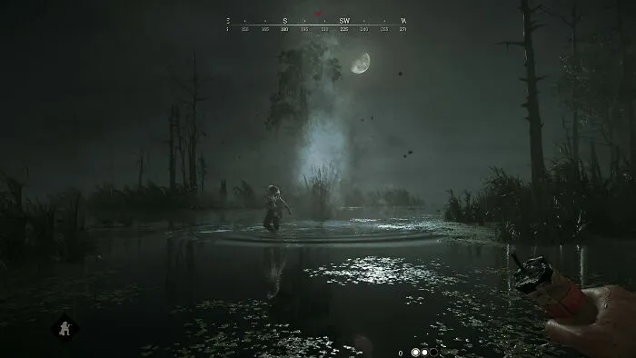 Dark swamp gaming scene at night with character in water and player holding a flare, highlighting all-time favorite games.