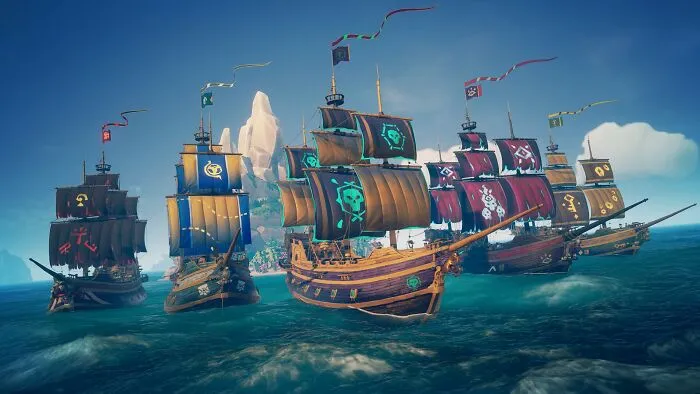 Colorful pirate ships from a popular video game sailing together, illustrating gamers sharing their all-time favorite games.
