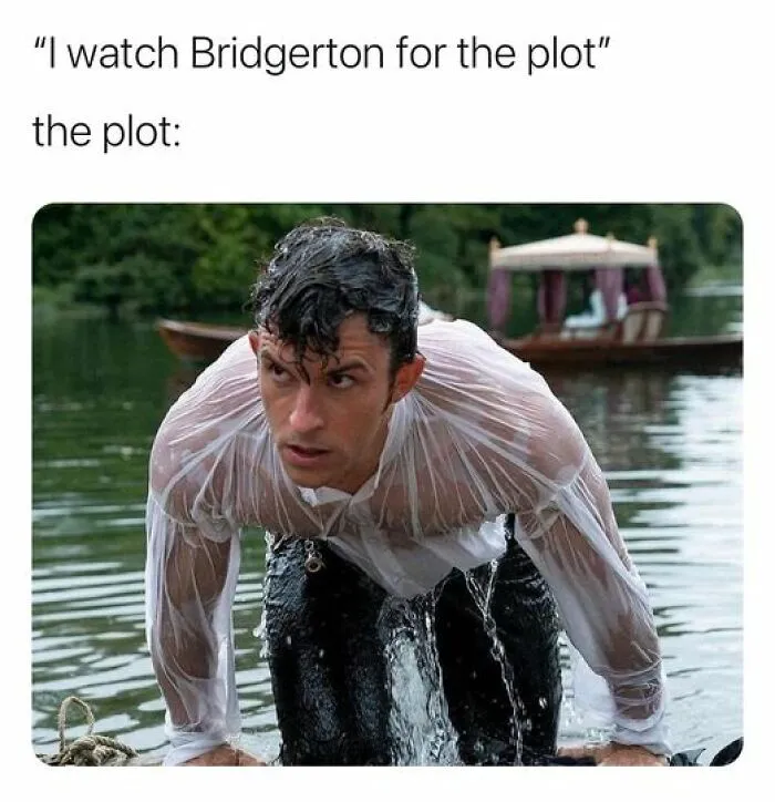 A wet person in a lake from Bridgerton, captioned humorously about Netflix plots.
