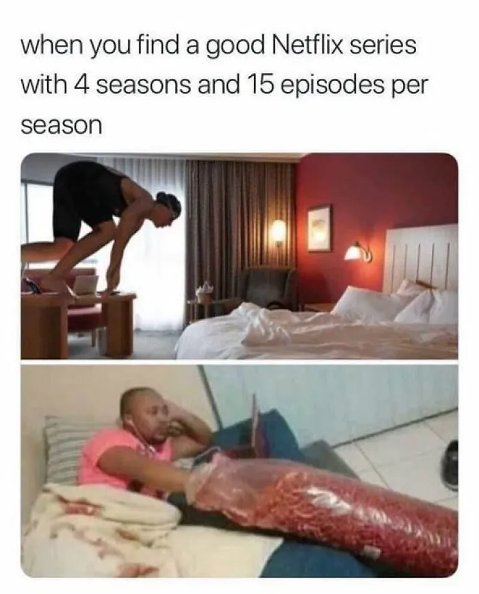Two images humorously depict the excitement of finding a good Netflix series.
