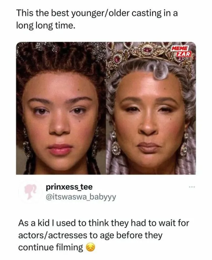 Two women in period costumes showing younger/older casting in Netflix meme.