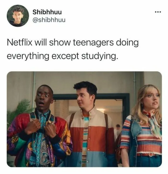 Three teenagers look surprised in a Netflix meme about avoiding studying.