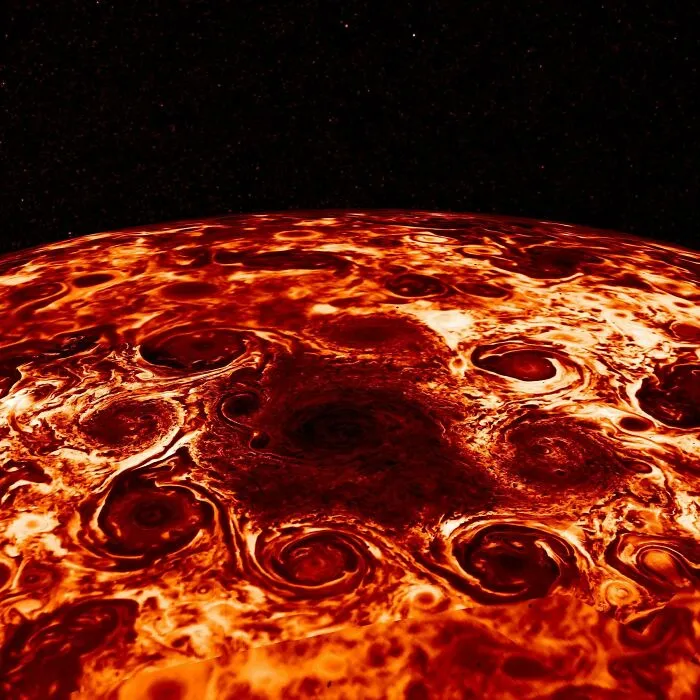 Vista cercana de un planeta gigante con tormentas violentas destacando el poder aterrador de cosas extremadamente grandes.