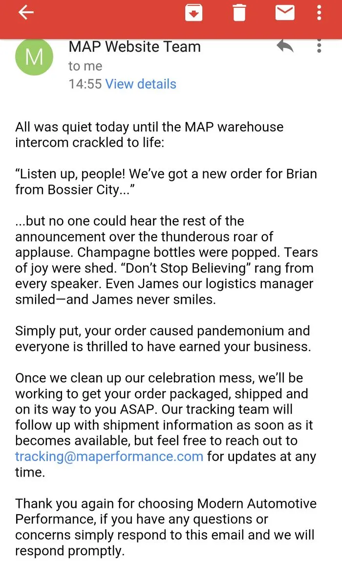Ordered A Car Part Today Online, And Got An Email From The Company Confirming My Order