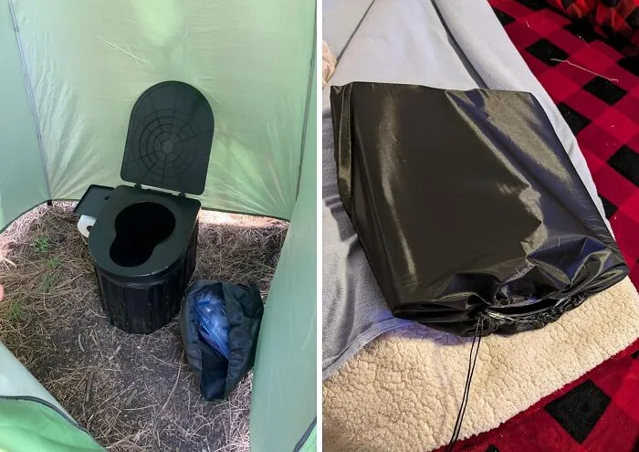 "5 gallon bucket, line with garbage bag with some kitty litter in it. Do several layers of bags w litter. Cut a pool noodle and thread on the rim of bucket. Handy for night time peeing when it’s raining 👍. Originally came together for boating, extrapolated to camping." -<span Style="Font:inherit;color:#808080"> fingernmuzzle </span>