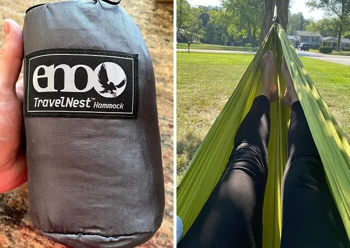 "I have an ENO ultralight hammock with hummingbird hammock straps. The whole set up weighs about 8oz. It’s great to chill in but it also work as a great off-ground place to organize gear whilst setting up camp." -<span Style="Font:inherit;color:#808080"> ProfessionSea7908</span>