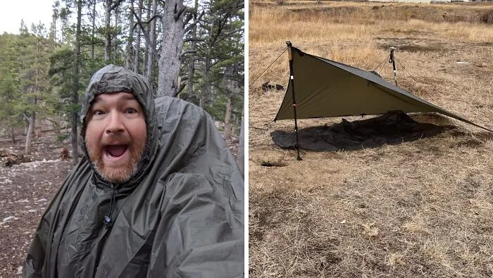 "My favorite piece of gear is a sil-nylon poncho tent. I use it for rain protection. It fits easily over my pack and myself. I use it as a tent foot print if needed. It works to add significant warmth to a sleeping bag when used as a vapor barrier and it’s great folded up to collect and carry firewood." -<span Style="Font:inherit;color:#808080"> ProfessionSea7908</span>