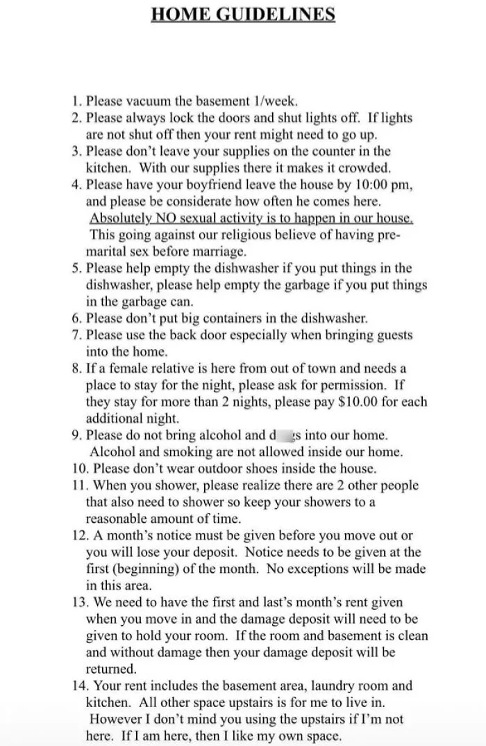 "My friend just received some questionably specific house rules from her landlord after signing!" - <span Style="Font:inherit;color:#808080"> QuantumAnti</Span>
