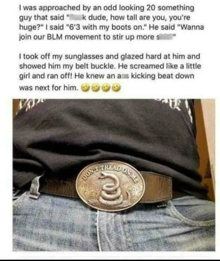Close-up of belt buckle with phrase dont tread on me in tough guys story