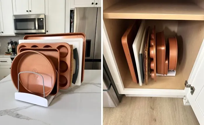 Clanging Cookie Sheets Giving You A Headache? This <a Style="Display:inline;" Href="Https://Www.amazon.com/Dp/B00vg7vz7i?ascsubtag=7604841%2c30%2c34%2cd%2c0%2c0%2c0%2c900%3a2%3b974%3a1%3b1125%3a2%3b1338%3a1%2c42649368%2c0%2c0&_encoding=utf8&btn_ref=srctok-8542a0b0a3113ad1&th=1&linkcode=ll1&tag=bphippopotamus-20&linkid=ff2b315801c774a6251aa6a60b0e82cb&language=en_us&ref_=as_li_ss_tl" Target="_blank"><span Style="Font: Inherit; Color: #d74b1f;"> Baking Pan Organizer</Span> Will Bring Harmony