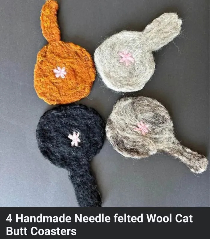 4 Posavasos en forma de c*lo de gato hechos a mano con fieltro de lana