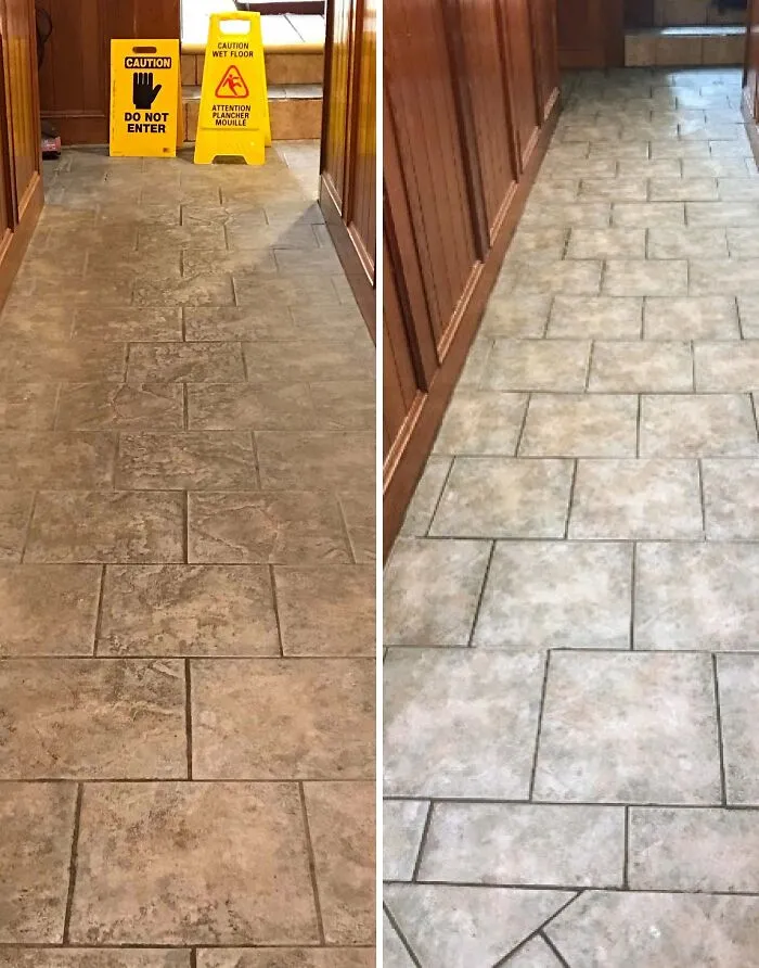 Years Of Grime Removed From Tile Floor With Vinegar, Baking Soda, Dish Soap And Water