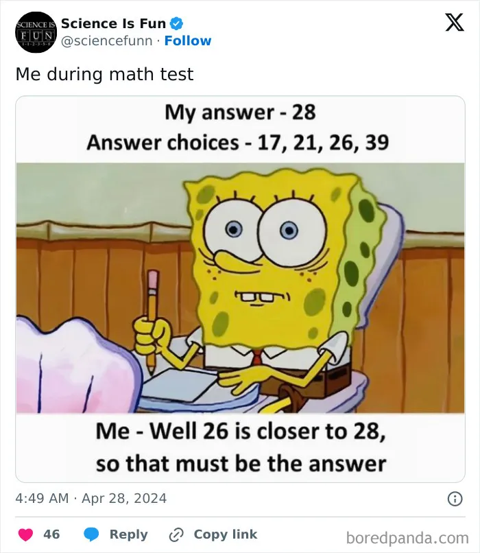 SpongeBob meme about math test confusion with humorous science theme.