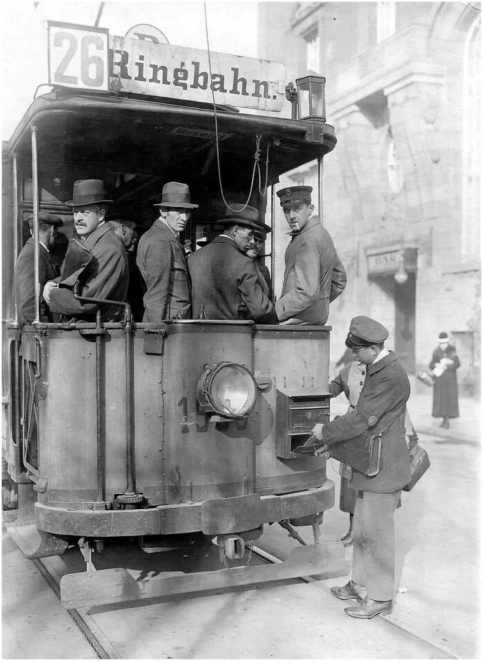 Mailbox Attached To A German Tram, Postman Empties The Mailbox. Berlin, 1920