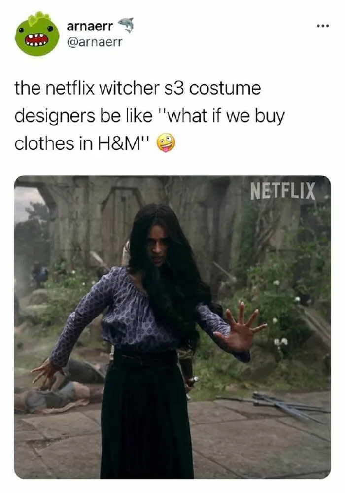 Netflix meme comparing Witcher S3 costumes to H&M outfits, with a character in medieval attire casting a spell.