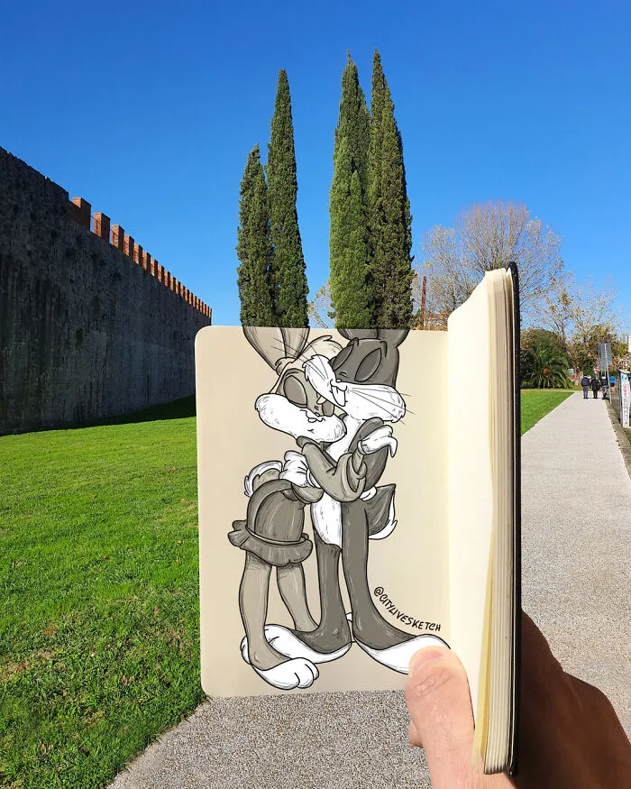 Artist Transforms Reality Into Art With These Mind-Bending Sketch-Photo Combinations (43 New Pics)