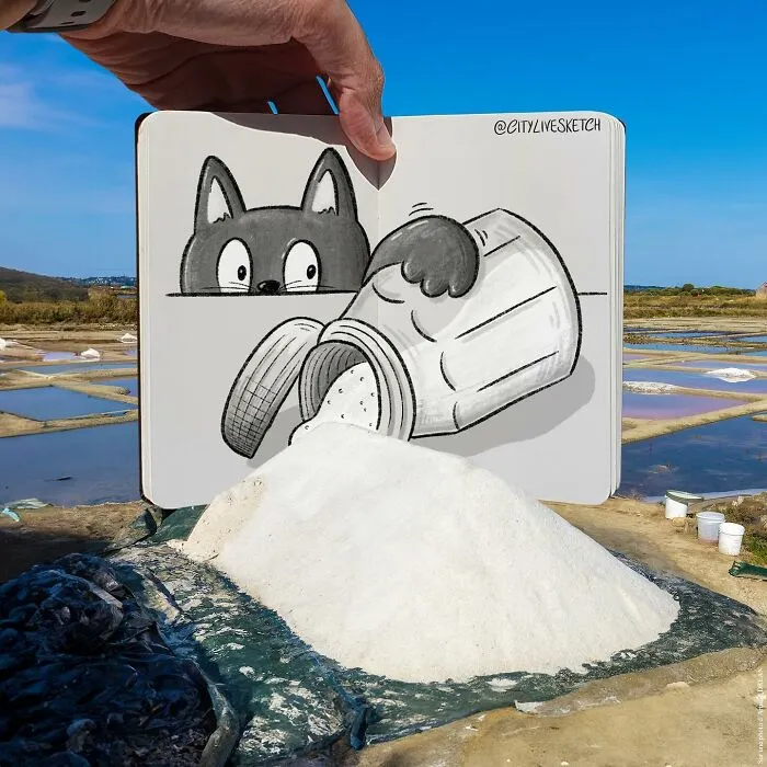 Artist Transforms Reality Into Art With These Mind-Bending Sketch-Photo Combinations (43 New Pics)