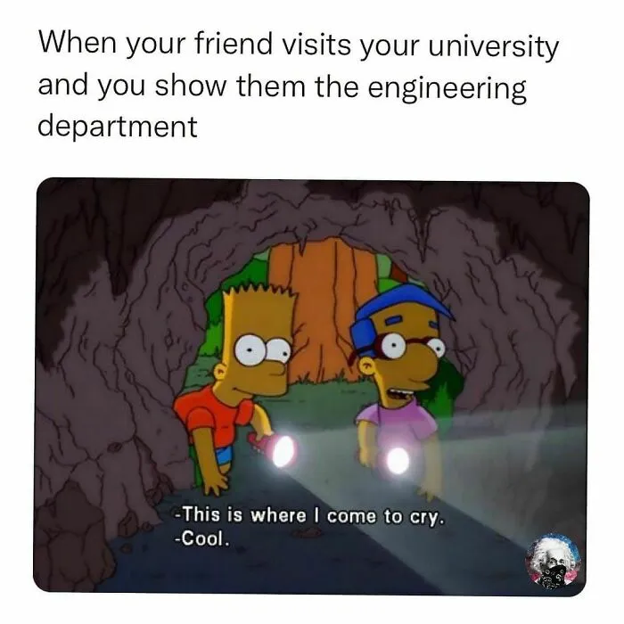 "Cartoon characters with flashlights in a cave, humorously depicting the engineering profession."