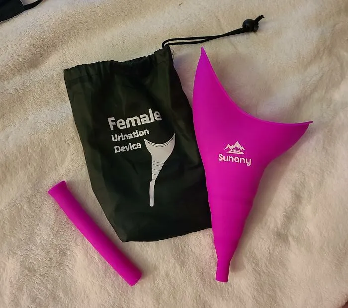 "Off Amazon I bought a very inexpensive women's urinal for maybe $12? Super easy to.use, fits into a disposable water bottle. I used it camping all.last summer. I wouldn't camp without it." -<span Style="Font:inherit;color:#808080"> Martharunsfar</span>