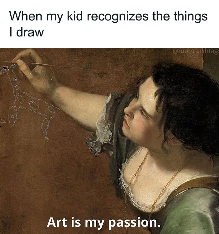 Mom drawing funny art with enthusiasm, captioned "Art is my passion."