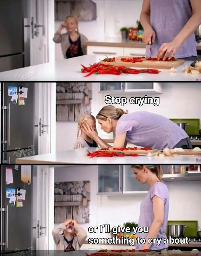 Mom meme with a woman comforting a child over a kitchen counter filled with peppers.