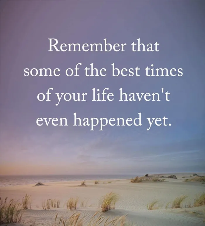 Motivational meme on serene beach background with inspiring quote about future life experiences.