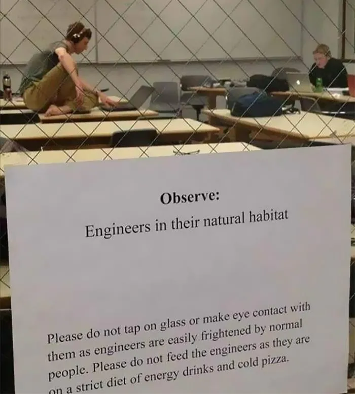 Engineer meme showing a humorous sign about engineers in their natural habitat, behind glass in a classroom.