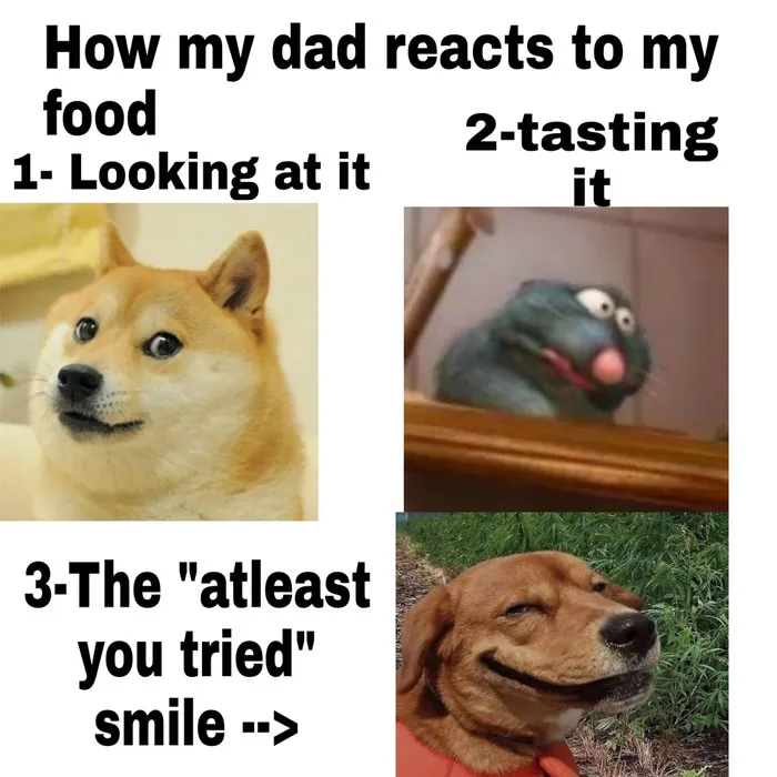 Dad meme showing reactions to child's cooking: skeptical Doge, surprised Muppet, awkward smiling dog, illustrating dad's humor.