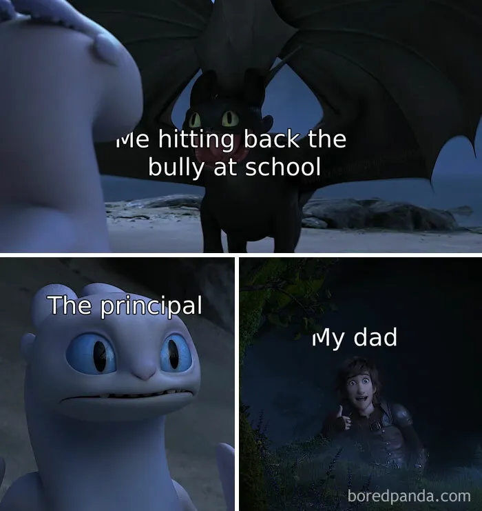 Dad meme showing a dragon defending against a bully; principal shocked, dad proud.
