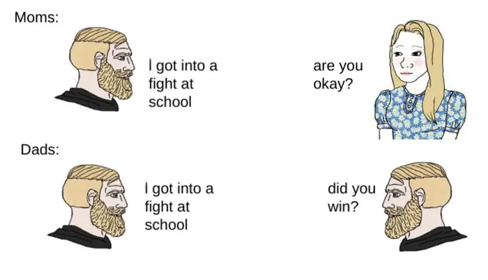 Dad meme: child tells parents about school fight; mom asks if okay, dad asks if child won, highlighting parent reaction stereotypes.