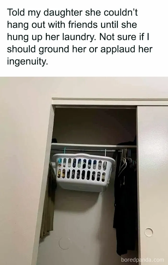 Dad meme showing clever laundry hanging solution with basket hooked in closet.