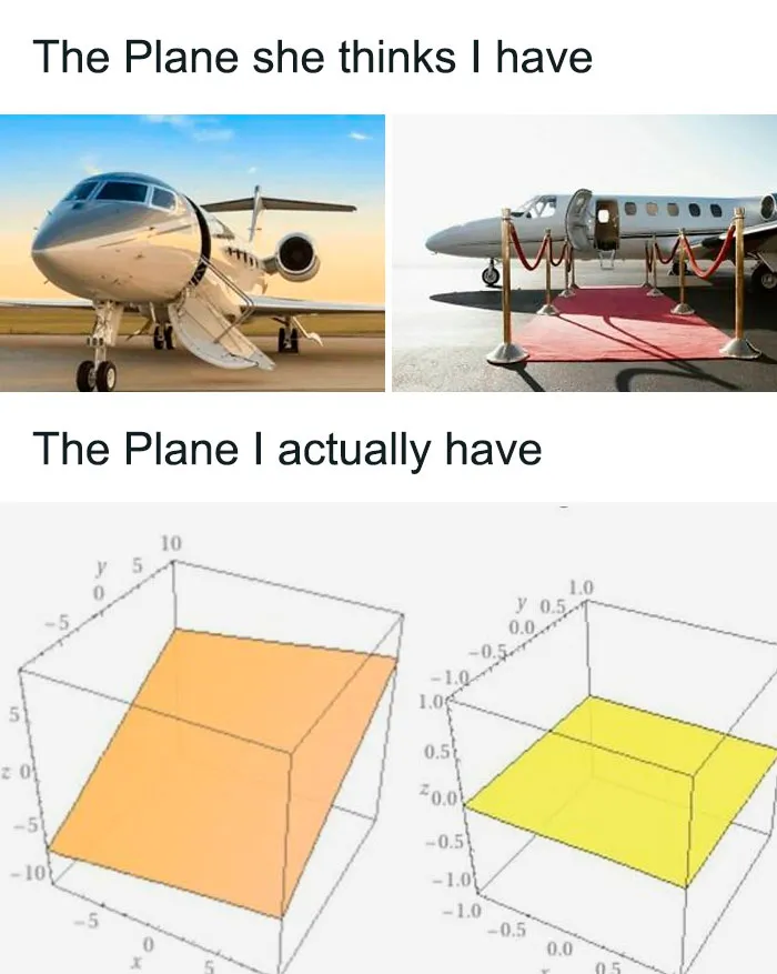 Engineering meme comparing luxury jets to geometric planes.