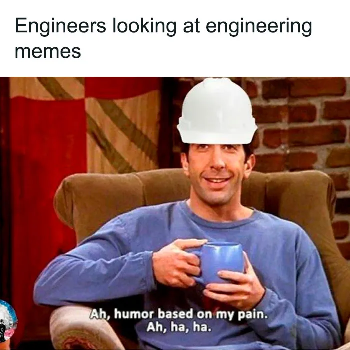A person wearing a hard hat, sipping coffee, representing engineering memes humor.