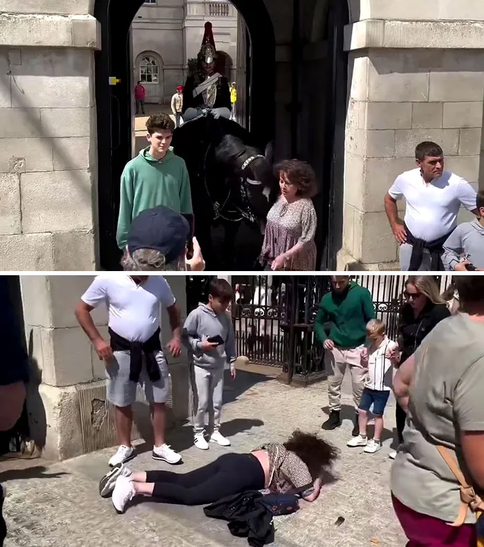 Una turista recibe un cabezazo y es arrojada al suelo tras pararse junto a un jinete de la Guardia del Rey. Un cartel advierte a los turistas de que no se acerquen a los caballos ni a los guardias.