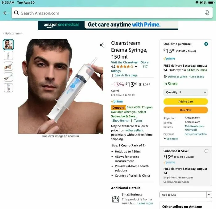 "I was trying to find syringes for tube feeding so I can medicate my horse; Amazon tried to help with my search. This dude is creepy" - <span Style="Font:inherit;color:#808080"> DesertRat619</Span>