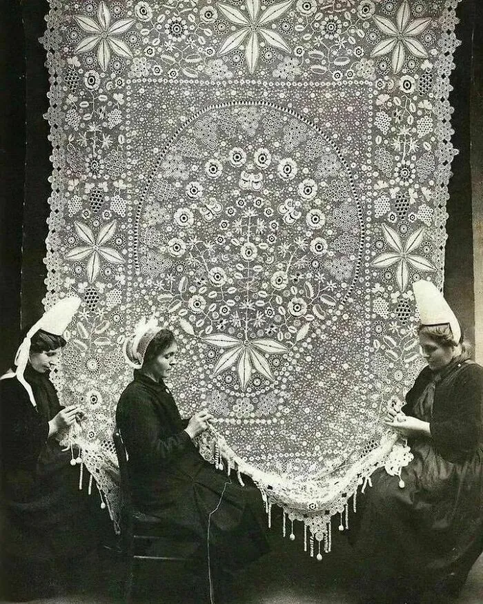Three Lacemakers Working. Brittany, France. 1920