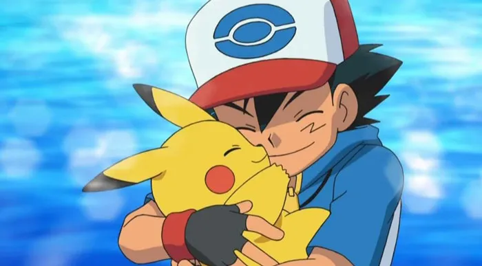 Iconic duo embracing, featuring a boy in a cap and a yellow creature, set against a blue background.