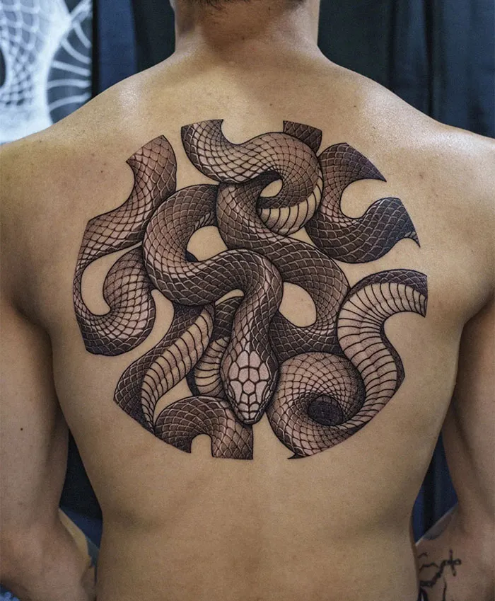 Intertwined Snakes Back Tattoo