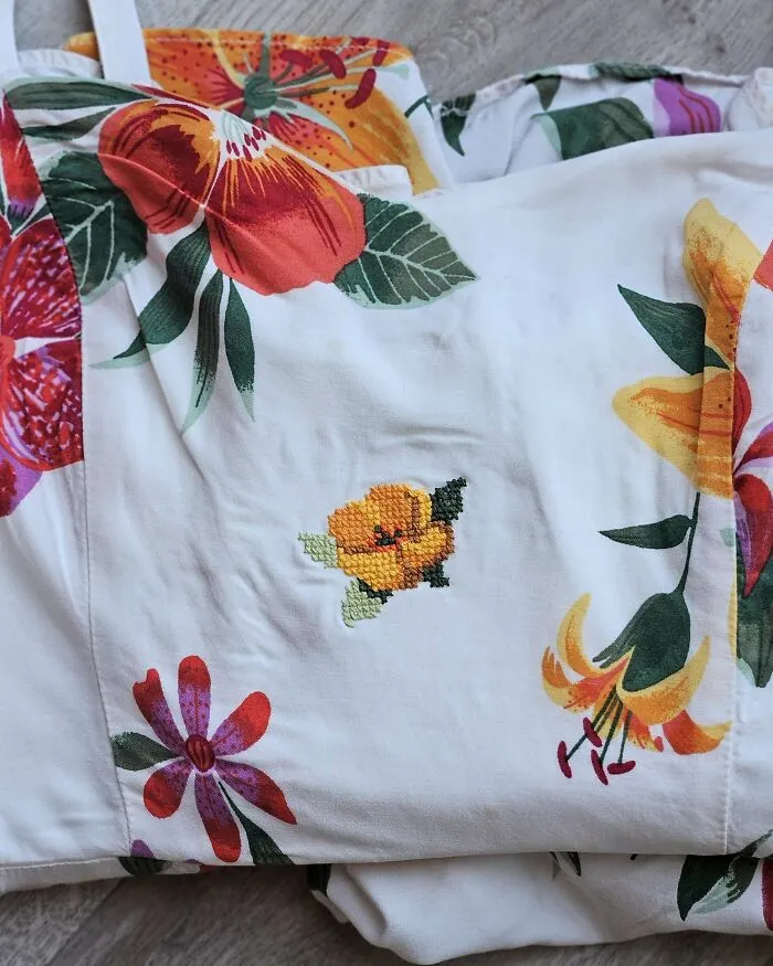 I Covered Up A Wine Stain On My Favorite Dress With A Cross Stitch Flower (X-Post From /R/Crossstitch)