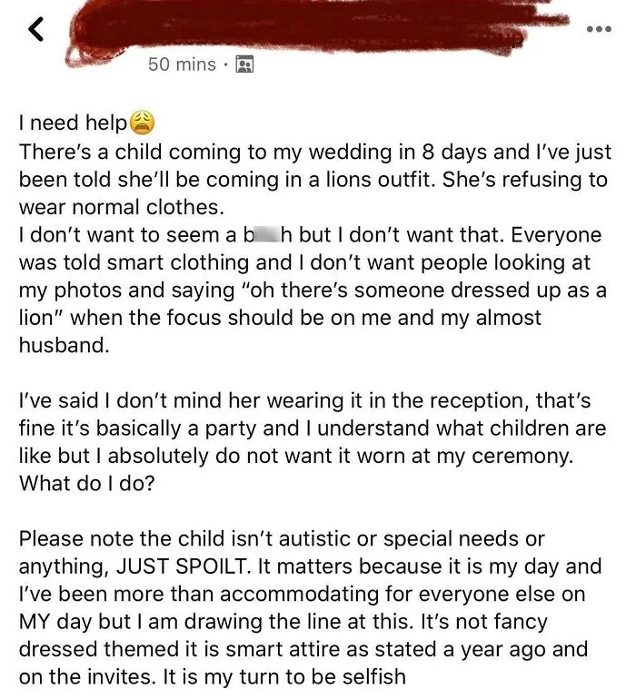Kid Wants To Dress Up As A Lion To Their Wedding. Also Told To Change Their Centerpieces As Kid Doesn’t Like Balloons. Kid Is Mother’s Best Friend’s Child