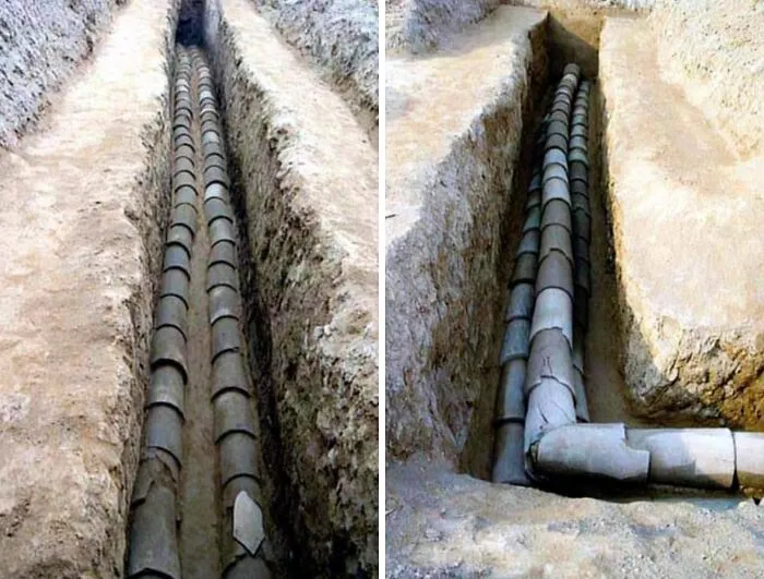 Tuberías de agua de cerámica china de 4.000 años de antigüedad descubiertas en el yacimiento arqueológico de Pingliangtai, en las llanuras centrales de China.
