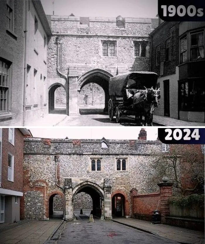 Kingsgate, Dating From The 14th Century, Is One Of Two Surviving Medieval Gates In Winchester. The Buildings Next To The Arch Were Demolished In The 1930s...?