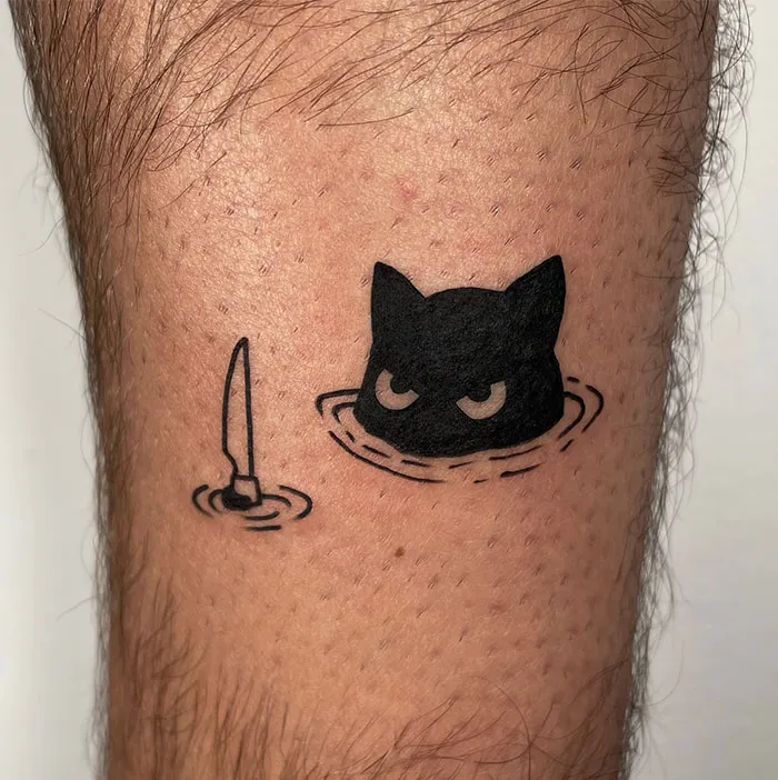 Minimalist Black Cat And Knife Tattoo