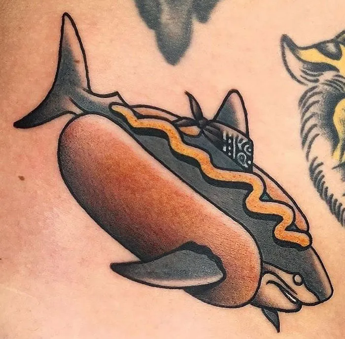 Funny Shark Hotdog Tattoo