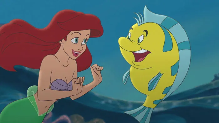 Animated iconic duo underwater, featuring a mermaid and a yellow fish interacting joyfully.